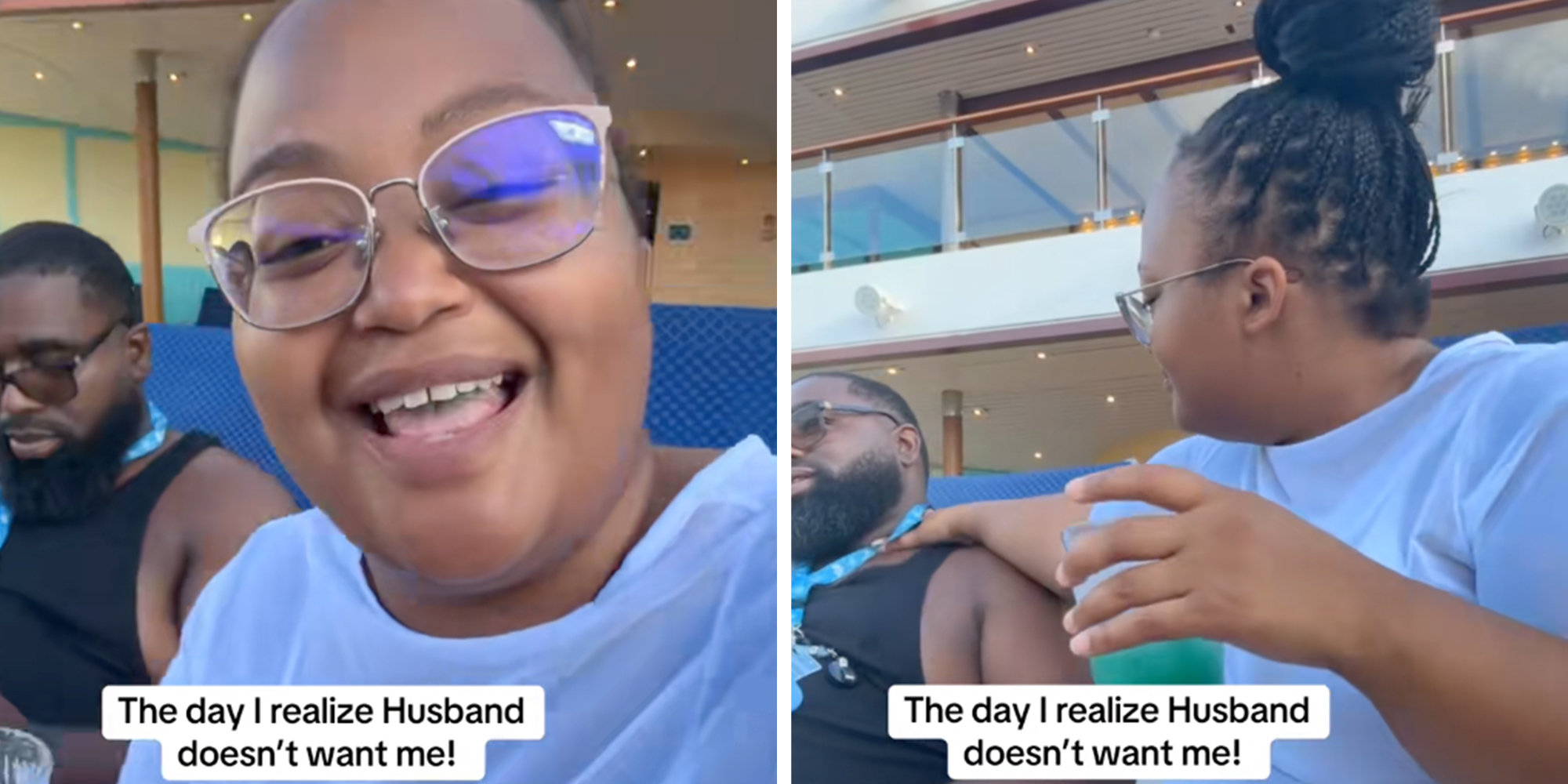 Left: Woman in glasses on a cruise sitting next to her husband, who appears to be ignoring her.