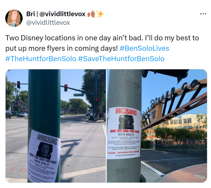 Tweet that reads, "Two Disney locations in one day ain’t bad. I’ll do my best to put up more flyers in coming days! #BenSoloLives" with photos of missing persons posters of Ben Solo.
