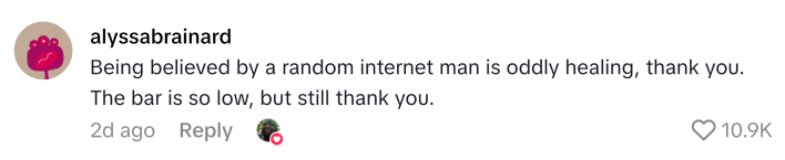TikTok comment that reads, "Being believed by a random internet man is oddly healing, thank you. The bar is so low, but still thank you."