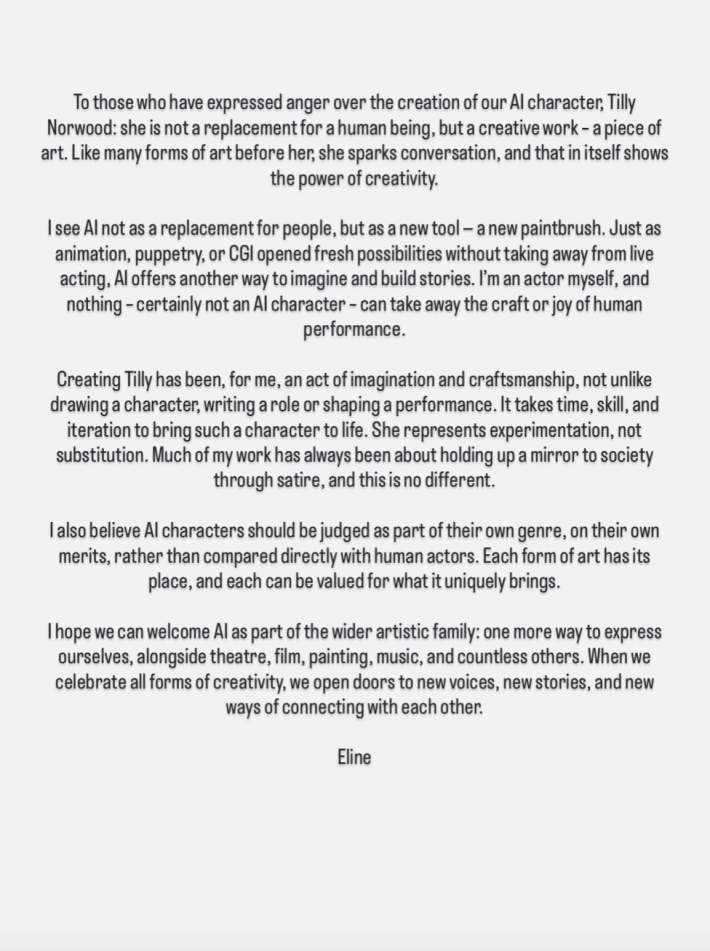 Van de Velden's post about Tilly Norwood backlash.