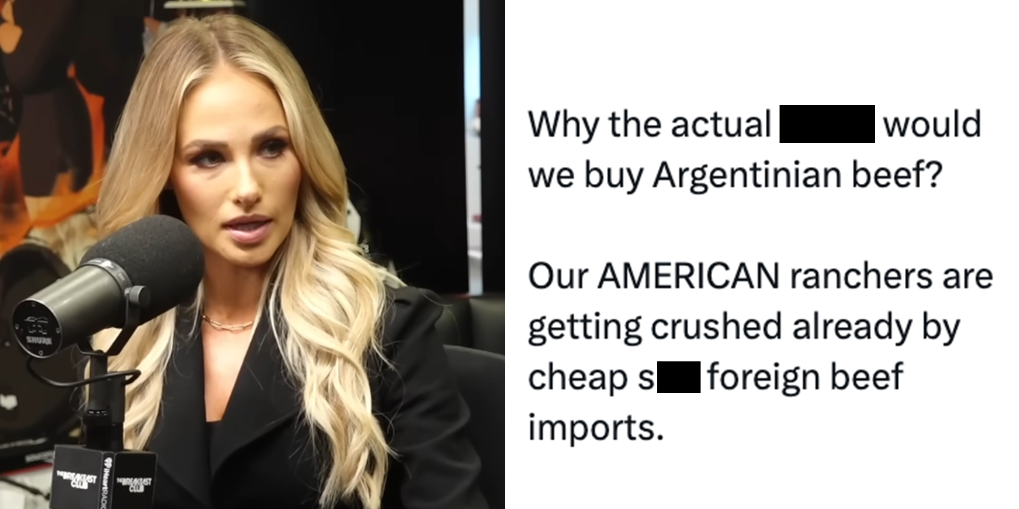 Left: Tomi Lahren during an appearance on The Breakfast Club. Right: Tweet from Tomi Lahren reading, "Why the actual F*** would we buy Argentinian beef? Our AMERICAN ranchers are getting crushed already by cheap s**t foreign beef imports."