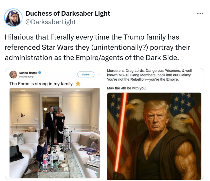Examples of the Trump family aligning themselves with the Dark Side from Star Wars on X.