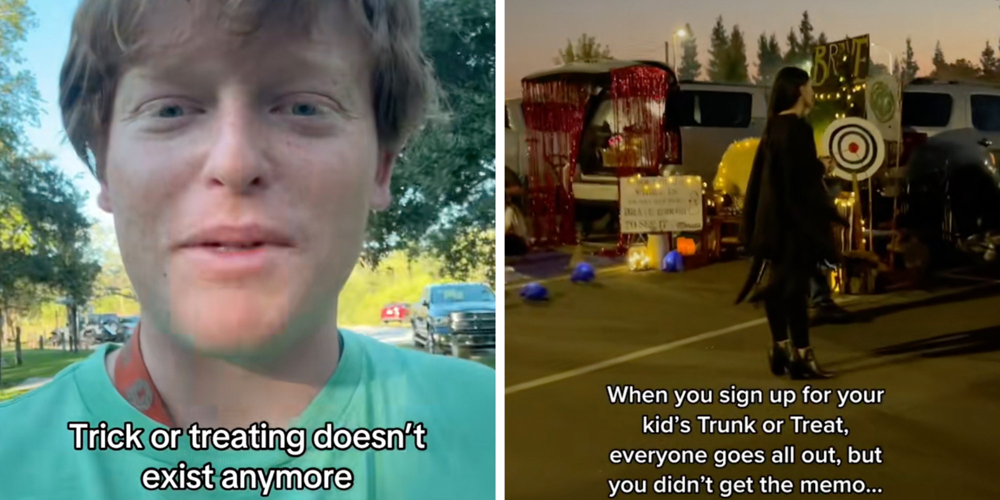 Left: Man looking into the camera under text reading, "Trick or treating doesn't exist anymore." Right: A scene of "trunk or treat," underneath text reading, "When you sign up for your kid's Trunk or Treat, everyone goes all out, but you didn't get the memo..."