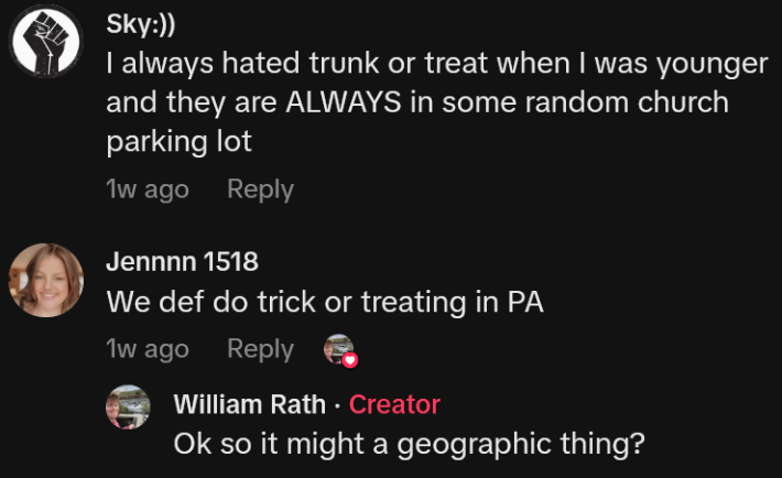 TikTok comments including one reading "I always hated trunk or treat when I was younger and they are ALWAYS in some random church parking lot"