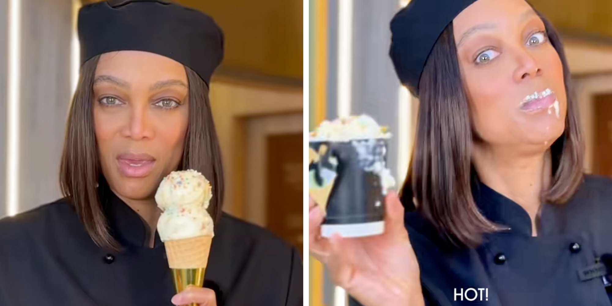 Tyra Banks in a black chef uniform eating ice cream.