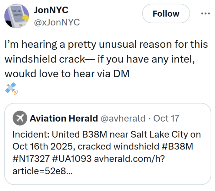 Tweet reading "I’m hearing a pretty unusual reason for this windshield crack— if you have any intel, woukd love to hear via DM"