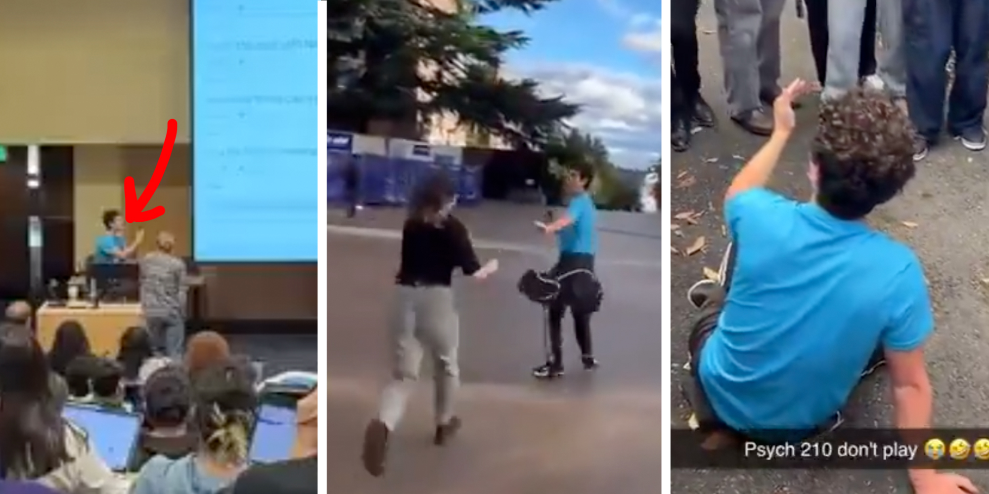 Left: Man in a blue shirt disrupting University of Washington Psychology lecture. Middle: Woman chasing man in blue shirt. Right: Man in blue shirt on the ground, surrounded by students.