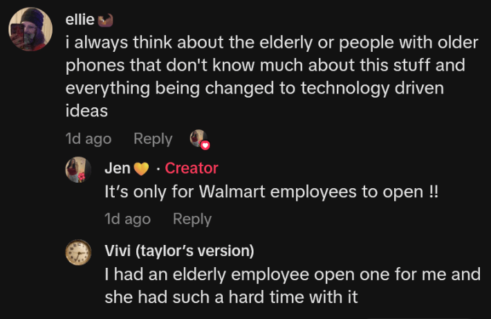 TikTok comment reading "i always think about the elderly or people with older phones that don't know much about this stuff and everything being changed to technology driven ideas" and replies.