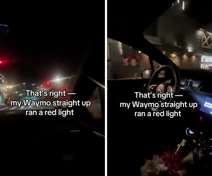 TikTok comment reading "regardless if it is legal, waymo should have chosen the safest option which is slowing down" and creator reply reading "This what I’m here to say, yes!! It is extremely unclear how sharp the reflexes of the car are if there’s an issue at the intersection. If there was an accident, I don’t even know the protocol and the website does not state either! Do I invite the person we hit into the Waymo to talk to customer service"