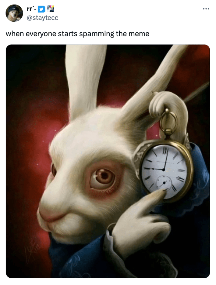 White rabbit pointing at clock meme that reads, "when everyone starts spamming the meme"