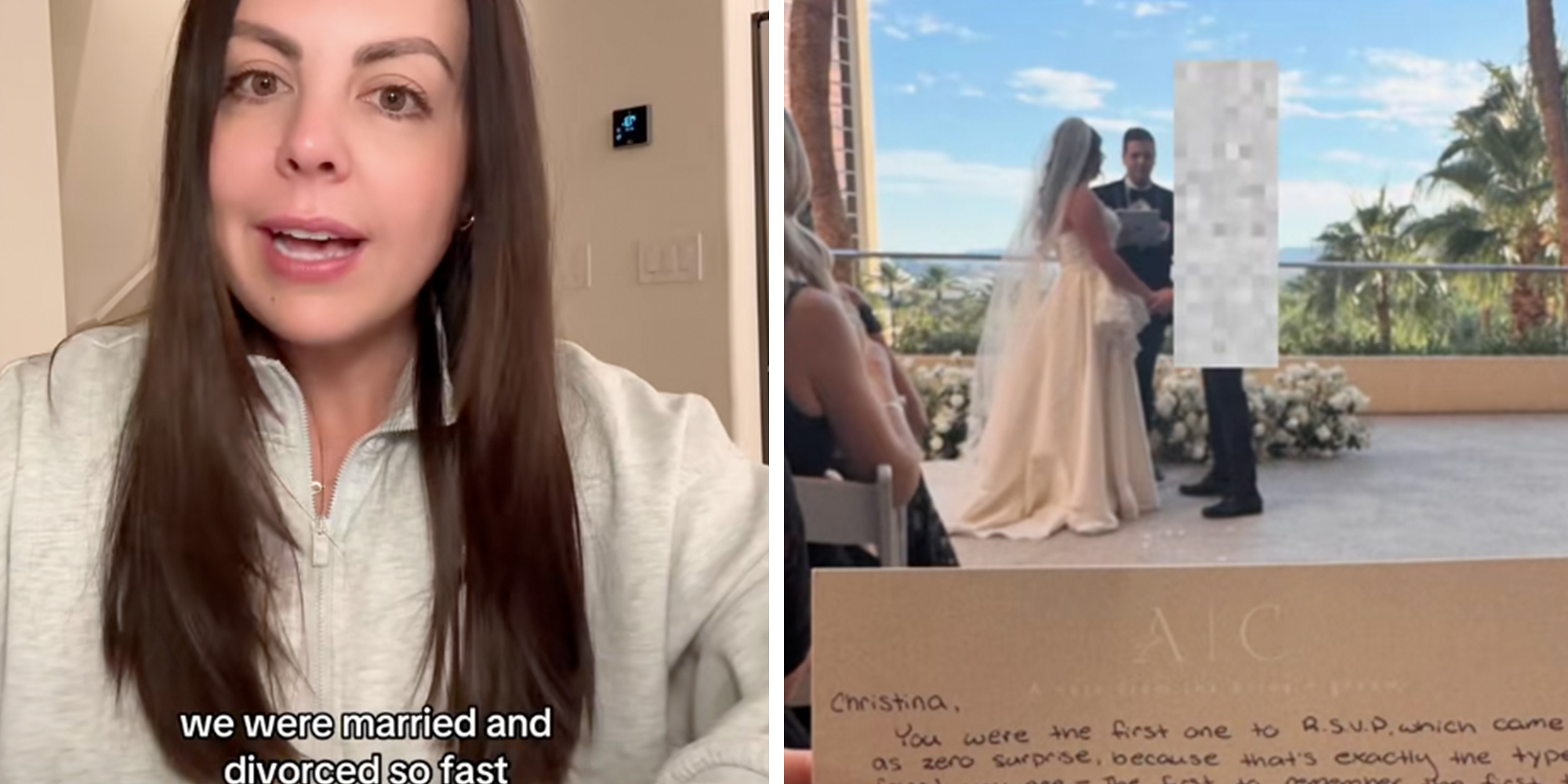 Brunette woman in a white sweatshirt looking into camera under text reading, "we were married and divorced so fast." Right: Couple getting married at their wedding.