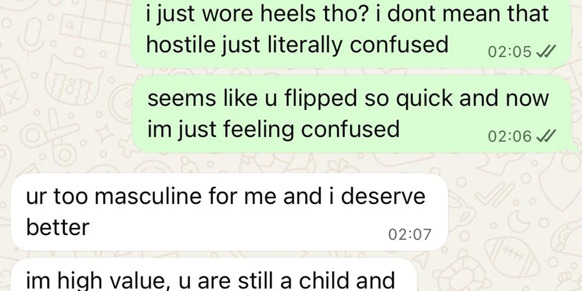 Screenshot of a text conversation from whatsapp between man and his girlfriend.