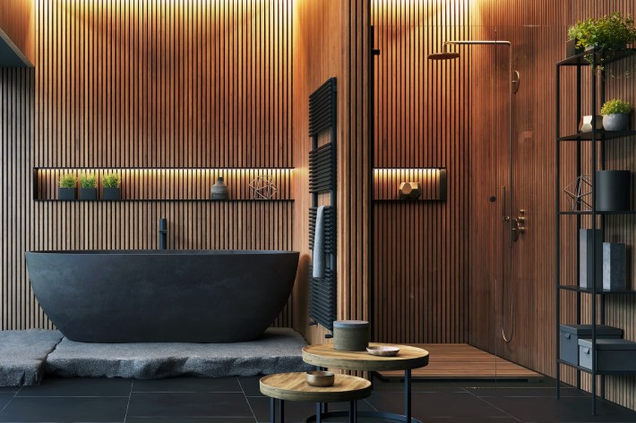 a modern wood panel bath and shower