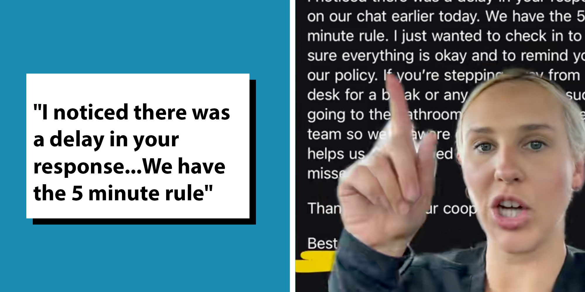 Left: Text box reading "I noticed there was a delay in your response...We have the 5 minute rule." Right: Blonde woman against screenshot of email from a job.