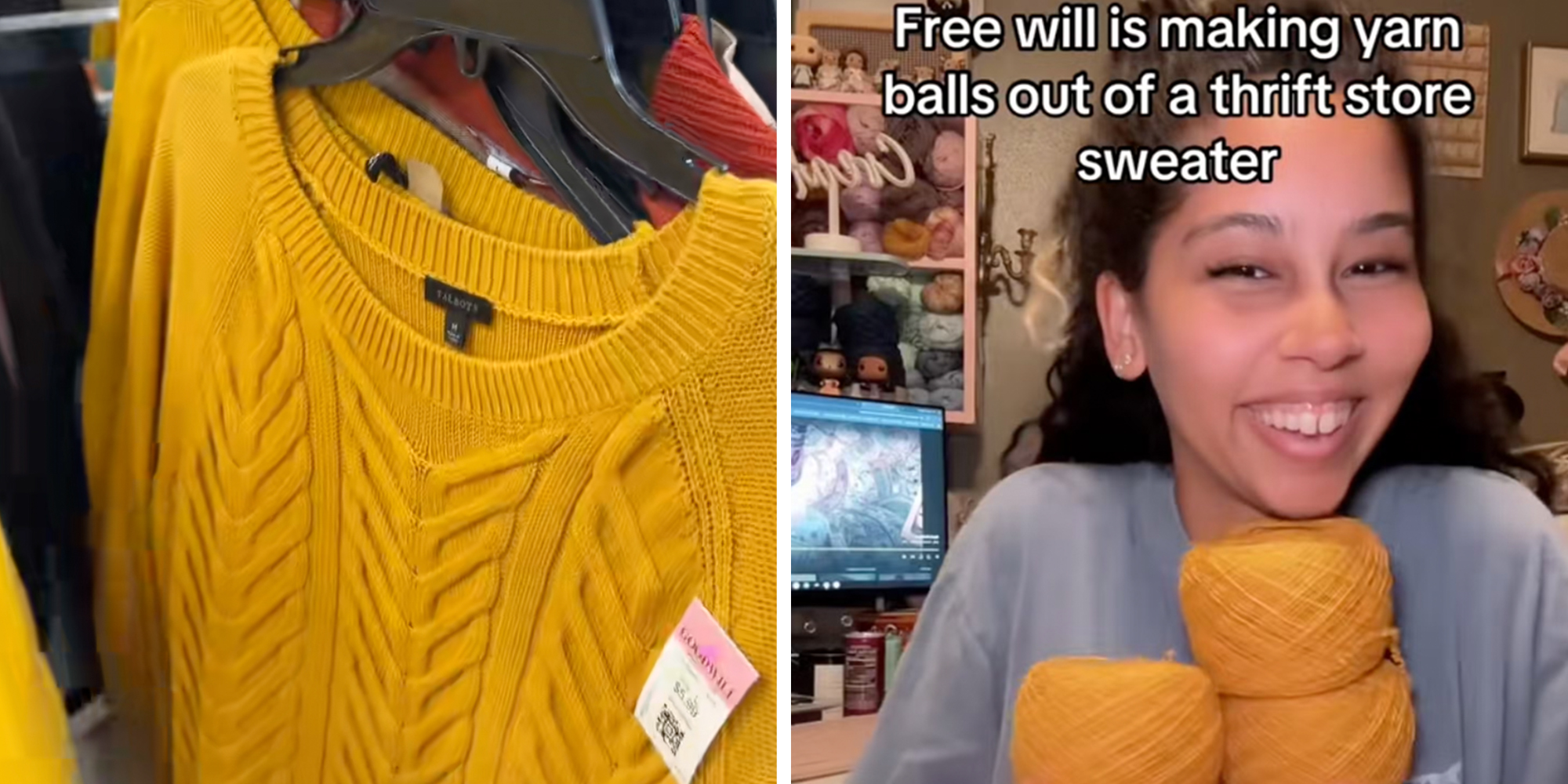 Left: Yellow sweater hanging on a hanger on a rack in a Goodwill store. Right: Woman holding balls of yellow yarn from the Goodwill sweater she unraveled.