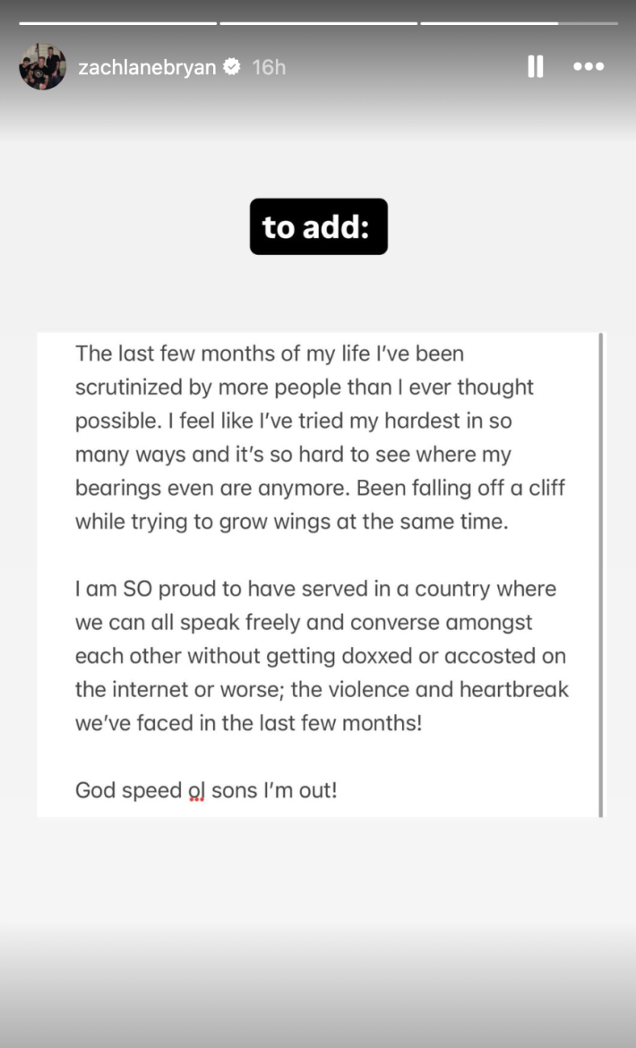 Zach Bryan's Instagram story about the "new" song.