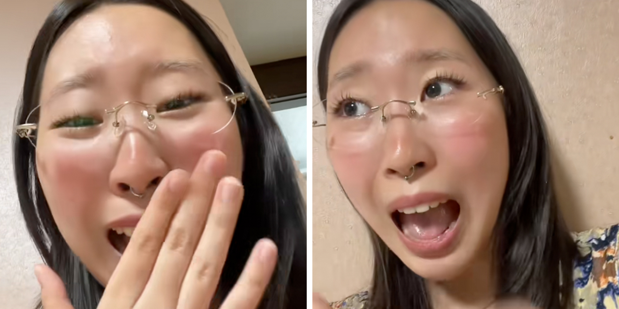 Gen Z woman wearing glasses and a floral top looking intot he camera and crying.