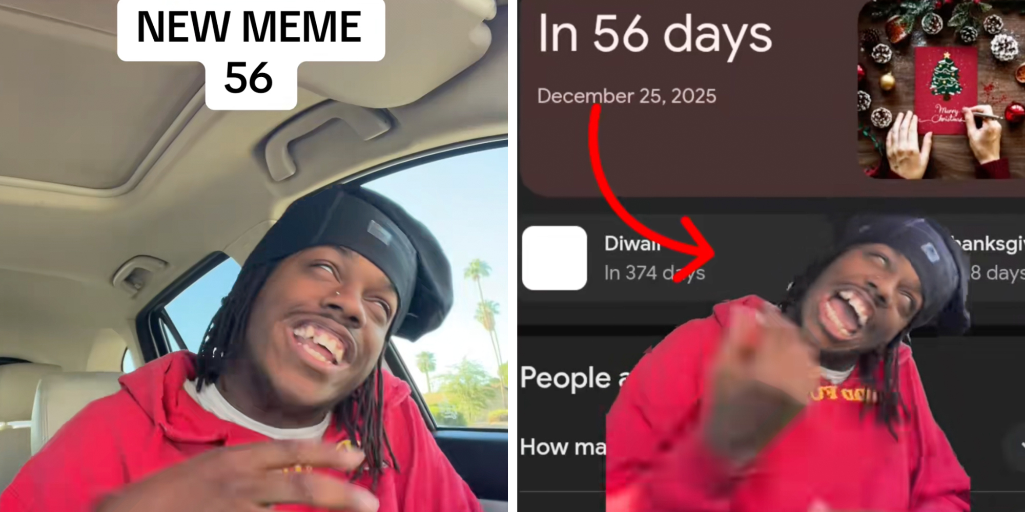 Man sitting in a car rolling his eyes in the back of his head, text overlay reads "New meme 56"