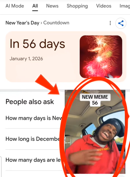 56 meme TikTok video with an arrow pointing from Google results saying New Year's Day is in 56 days to the man from the original video.