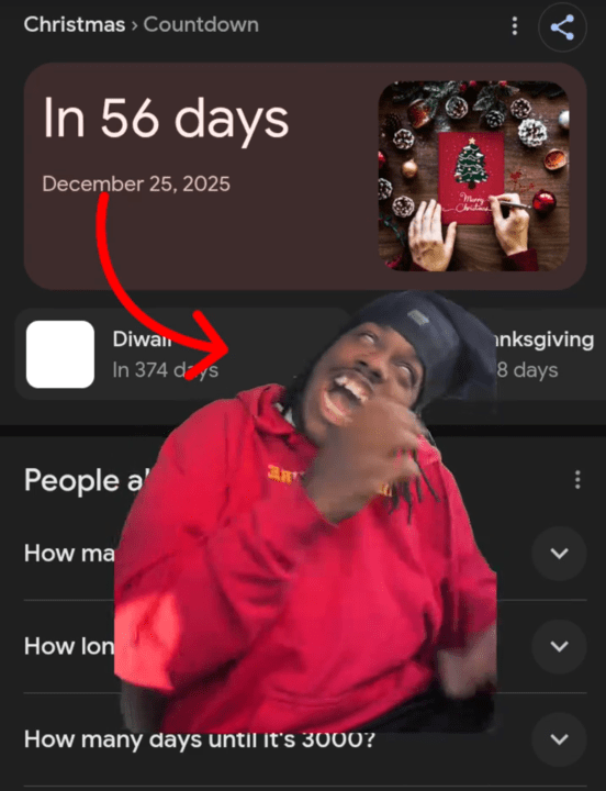 56 meme TikTok video with an arrow pointing from Google results saying Christmas is in 56 days to the man from the original video.