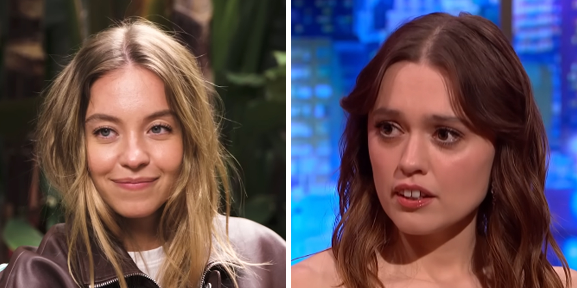 Left: Actress Sydney Sweeney in an interview. Right: Actress Aimee Lou Wood during an interview.