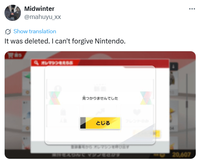 Tweet that reads, "It was deleted. I can't forgive Nintendo." with a screenshot of an error message page.