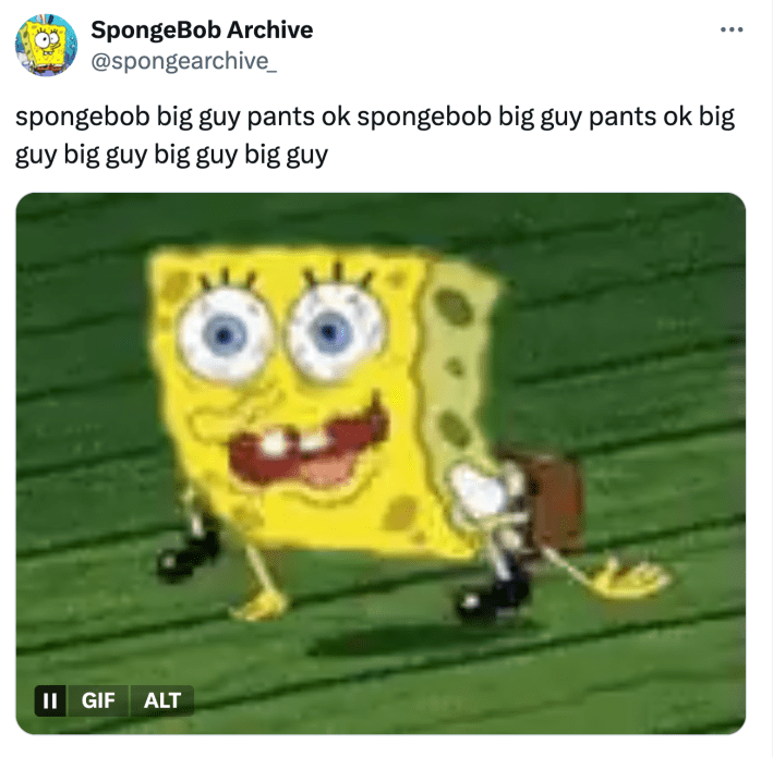 SpongeBob looking deranged with the meme lyrics above the image.