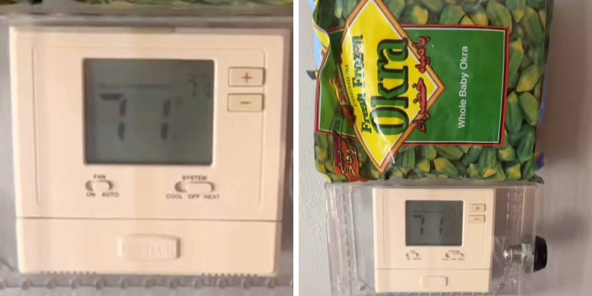 A bag of frozen okra sitting atop a locked thermostat in an Airbnb.