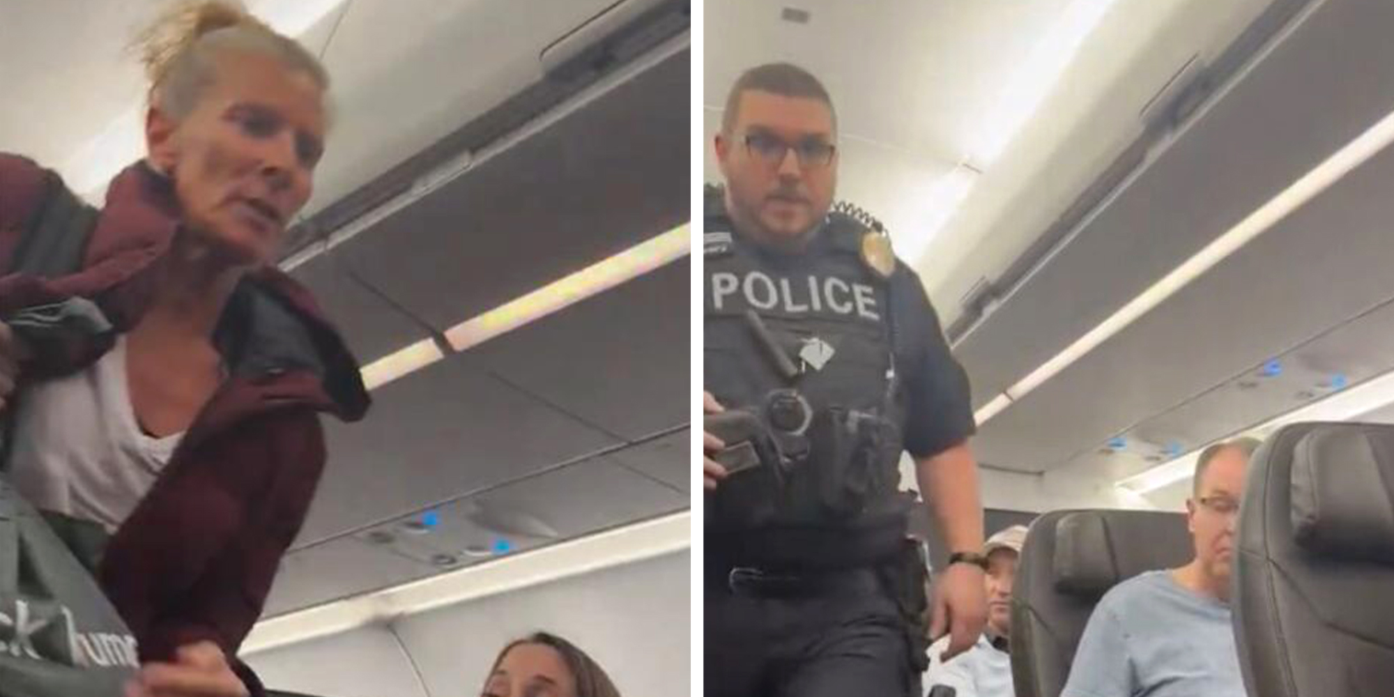 Blonde woman seen escorted off of an American Airlines flight by a police officer.