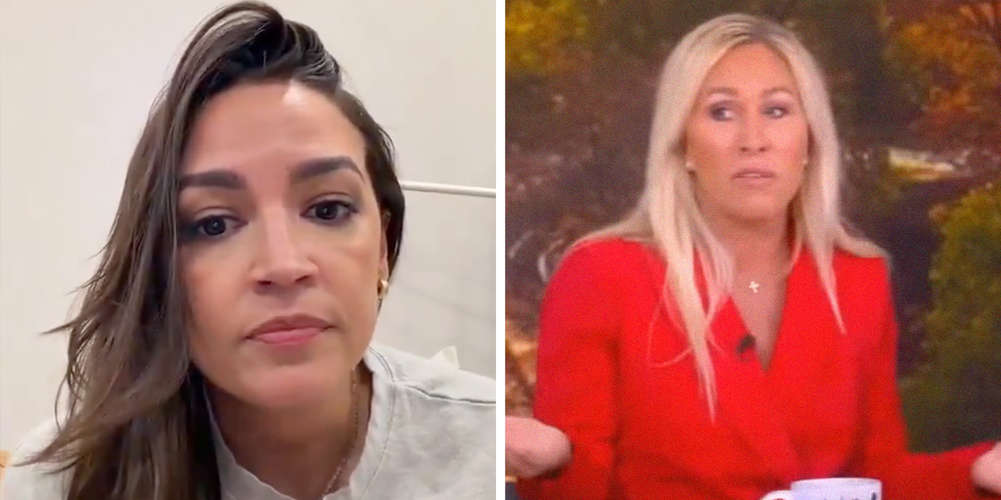 Left: New York Rep. Alexandria Ocasio-Cortez looking into the camera under text reading, "Here's some tea for you." Right: Georgia Rep. Marjorie Taylor Greene in a red blazer during an appearance on "The View."