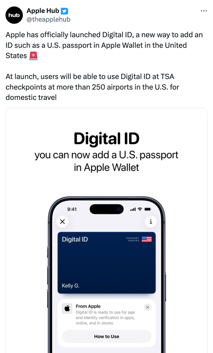Apple Hub tweet about the Digital ID feature.