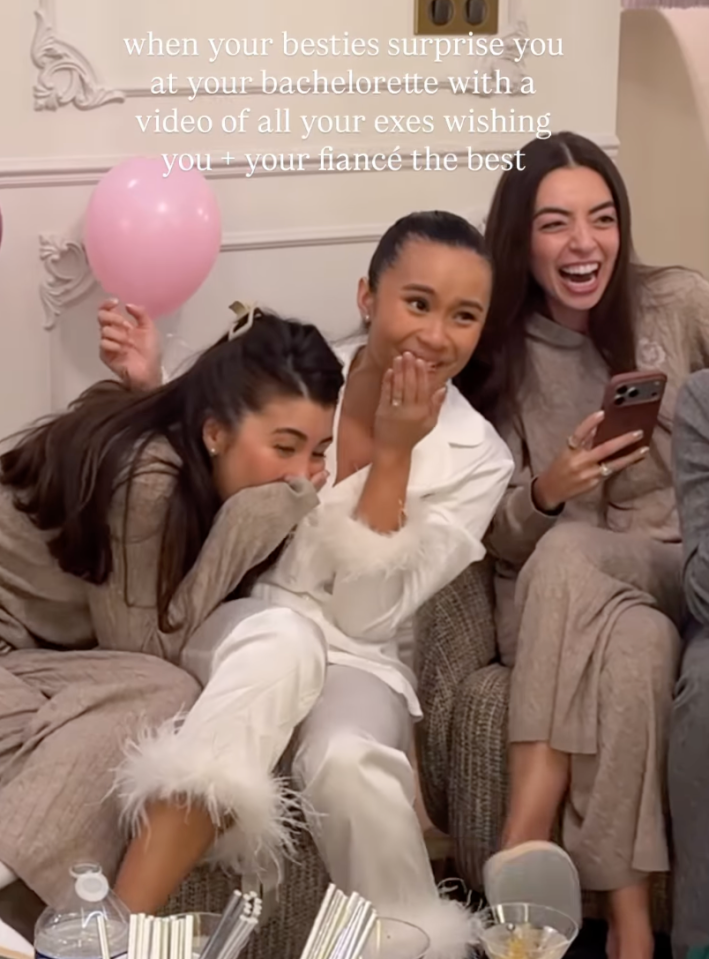 surprised bride laughing at bachelorette party with onscreen text: "when your besties surprise you at your bachelorette with a video of all your exes wishing you and your fiance the best…”
