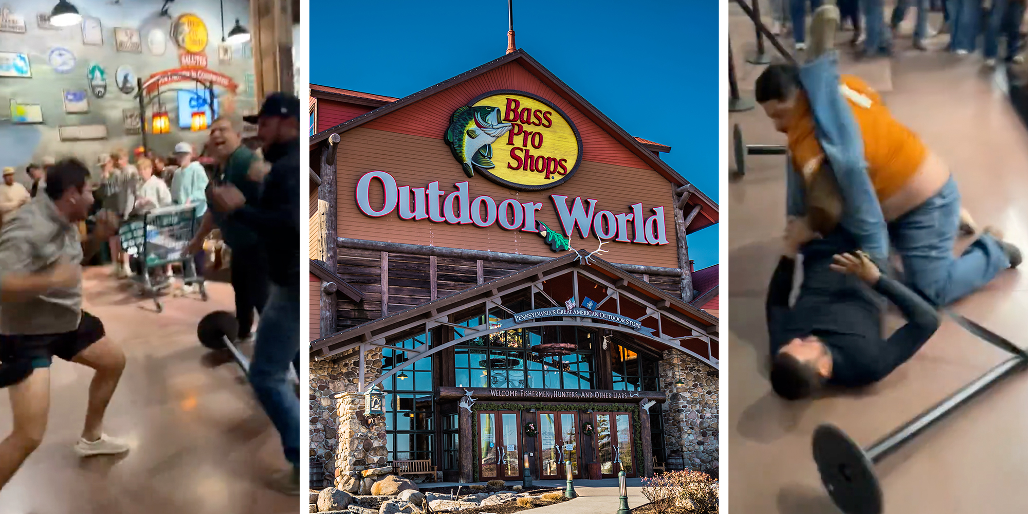 A Bass Pro Shop Outdoor World store. Men fighting inside of a Bass Pro Shop.