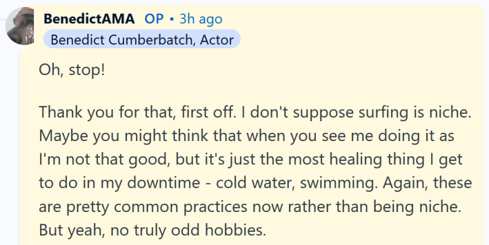 Benedict Cumberbatch AMA answer reading "Oh, stop! Thank you for that, first off. I don't suppose surfing is niche. Maybe you might think that when you see me doing it as I'm not that good, but it's just the most healing thing I get to do in my downtime - cold water, swimming. Again, these are pretty common practices now rather than being niche. But yeah, no truly odd hobbies."