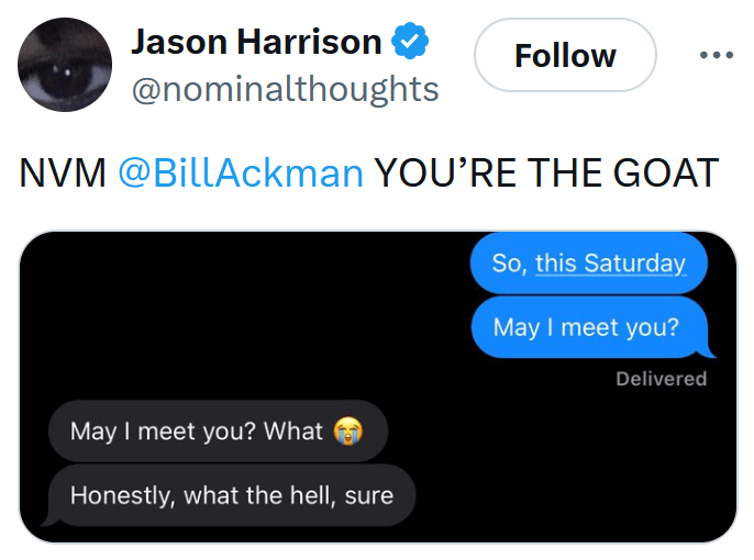 Tweet with a screenshot of a text conversation with the "may I meet you" line working.