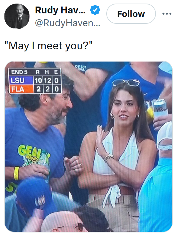 "May I meet you" meme with a woman waving off a man in a stadium seat.