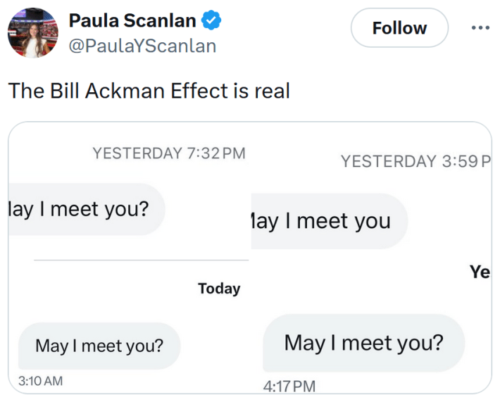Tweet reading "The Bill Ackman Effect is real" with screenshots of messages reading "May I meet you?"