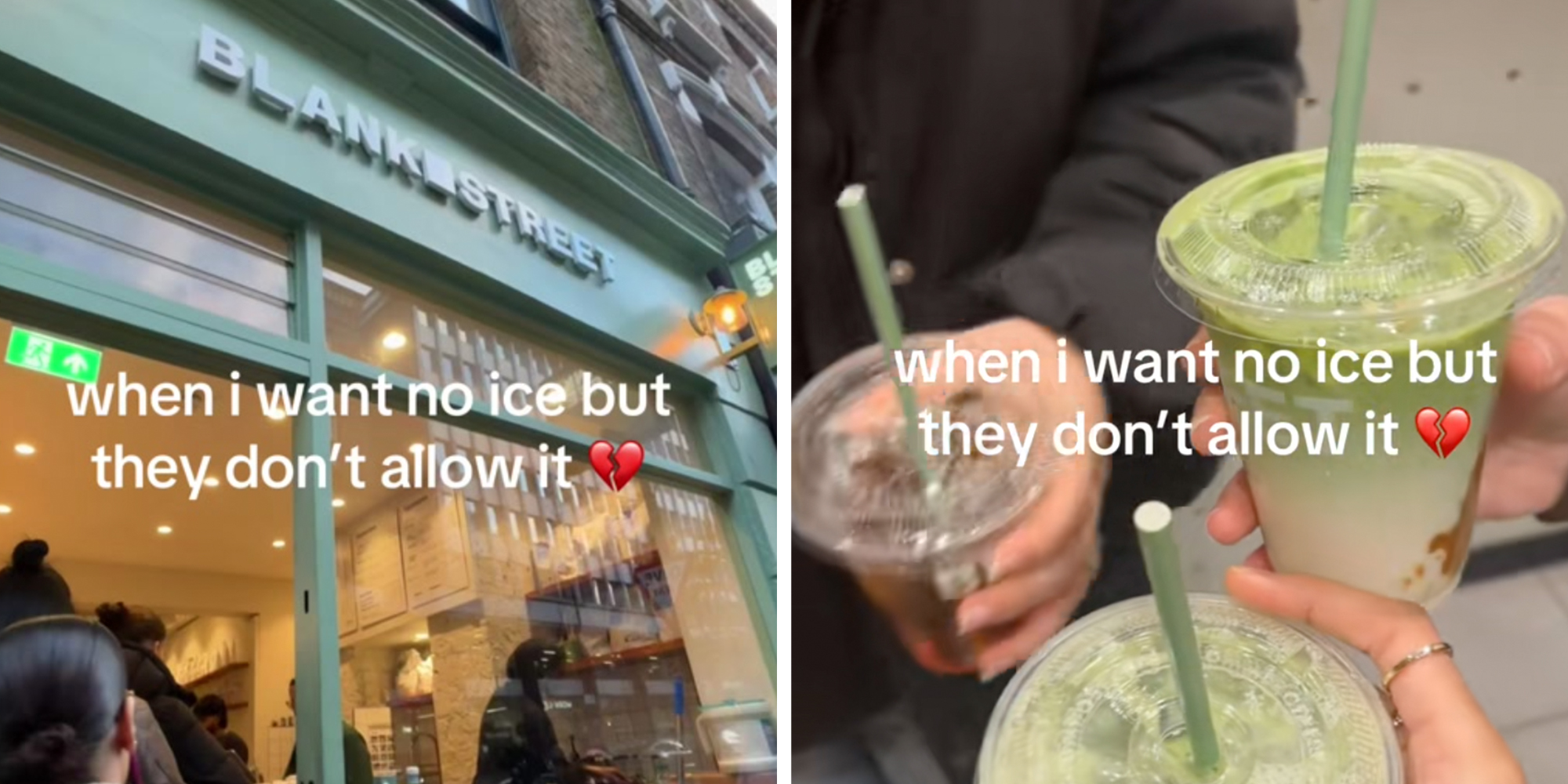 A Blank Street coffee location. Right: Three hands holding Blank Street coffee beverages, caption overlay reads, "When I wanted no nice but they don't allow it."