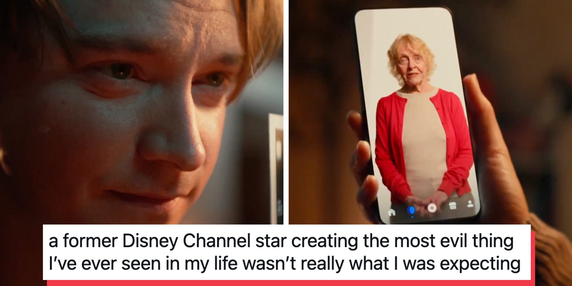Screenshots of former Disney star Calum Worthy's AI app, including a young man and a grandmother on a phone. Tweet text overlay reads ""a former Disney Channel star creating the most evil thing I’ve ever seen in my life wasn’t really what I was expecting."