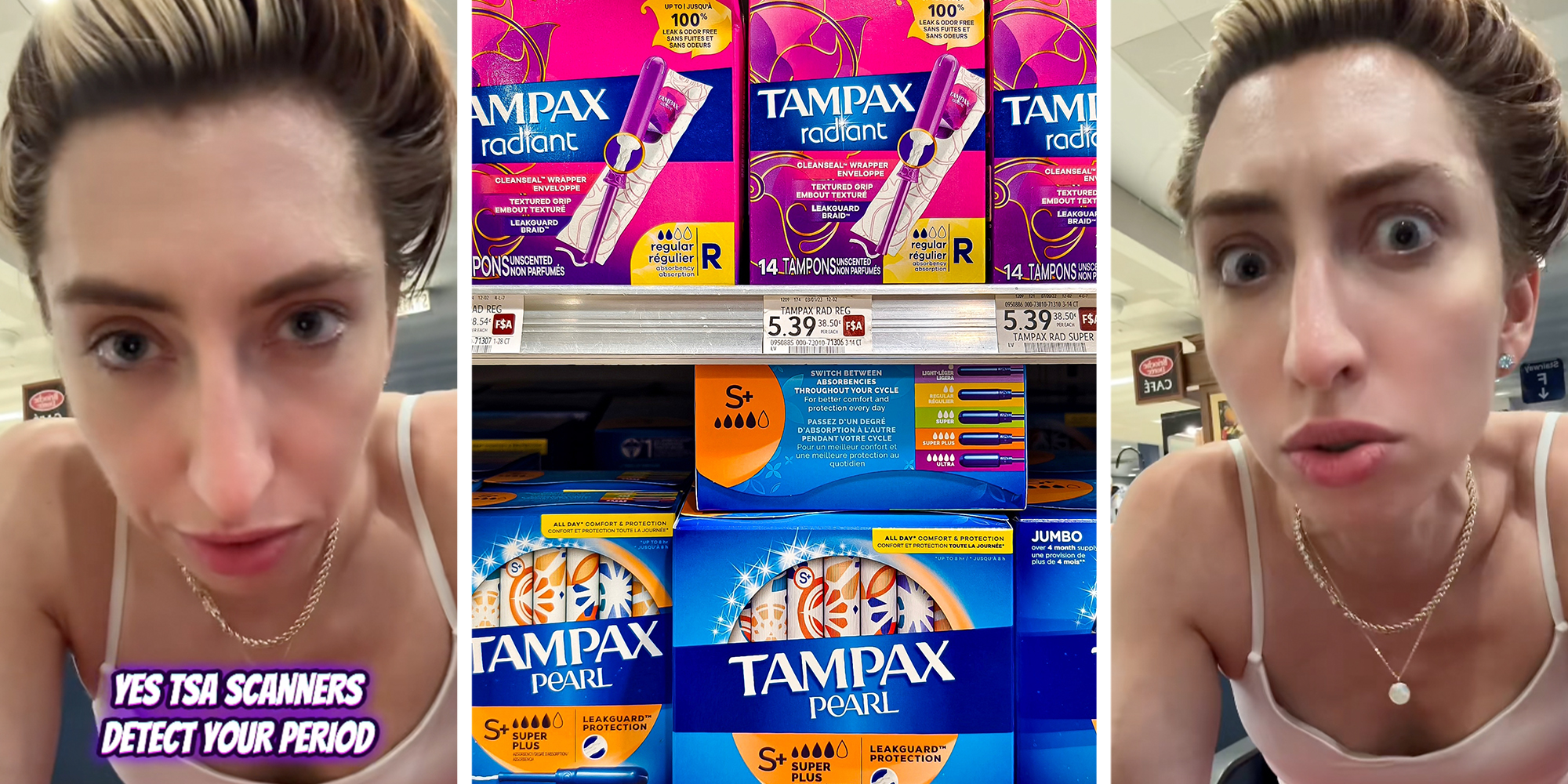 3 Panel: Left and Right: Woman looking into camera at the airport under text reading "Yes TSA scanners detect your period." Middle: Various Tampax tampons on display in a supermarket aisle, showcasing different types, sizes, and packaging options for consumer choice.