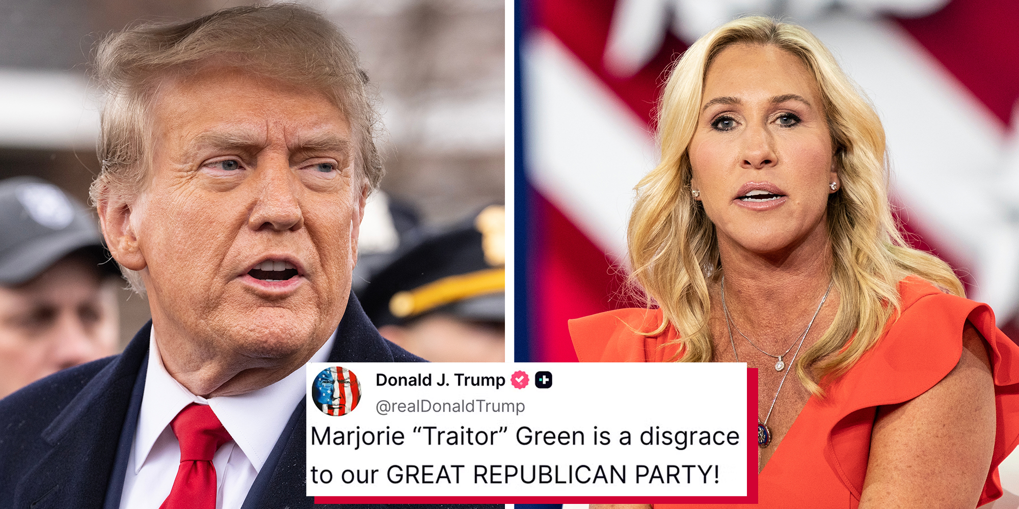 Left: Former President Donald Trump Jr. speaks to the press after attending wake for NYPD officer Jonathan Diller at Massapequa Funeral Home in Massapequa Park, NY on March 28, 2024. Right: Congresswoman Marjorie Taylor Greene (R) in conversation with Sara Carter during CPAC Texas 2022 conference at Hilton Anatole.