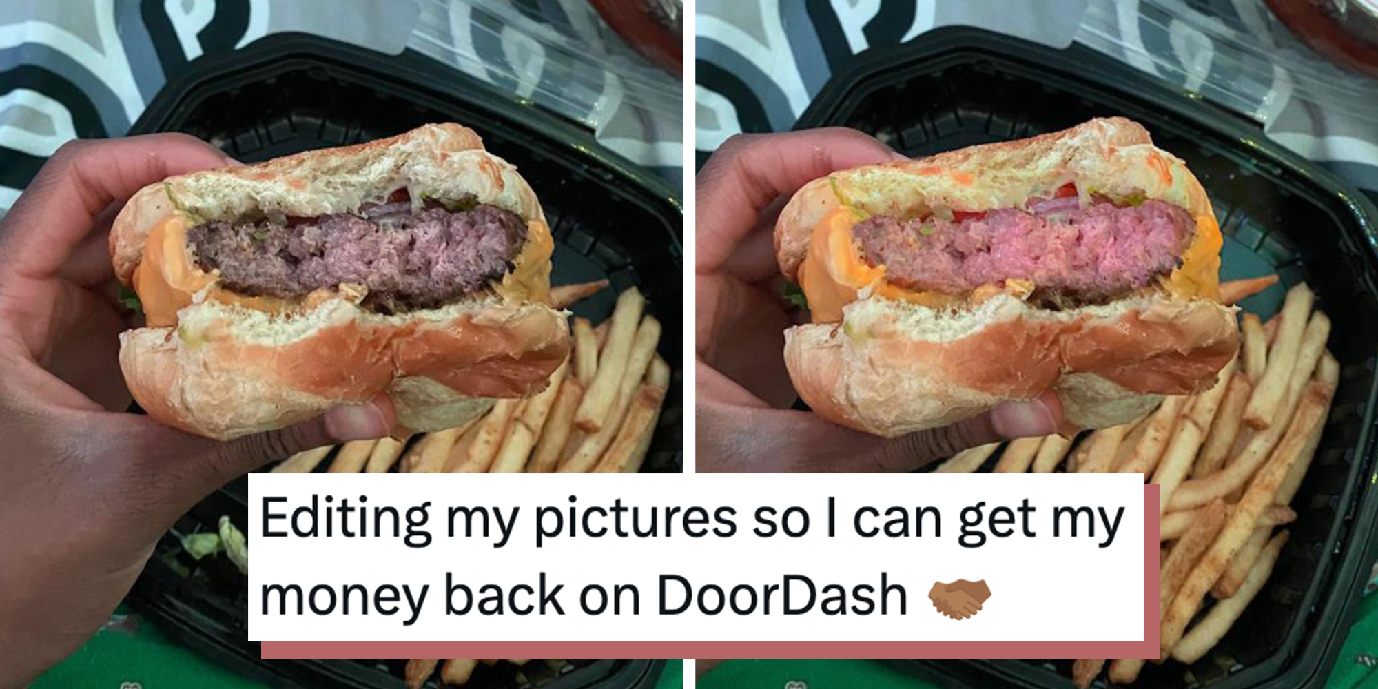 Left: Man's hand holding a cheeseburger cooked well. Right: Same photo of man holding cheeseburger, but inside has been edited to look raw and pink.