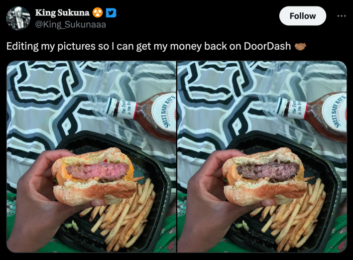 Tweet that reads, "Editing my pictures so I can get my money back on DoorDash 🤝🏾" with side by side photos of the burger unedited and edited to look raw.