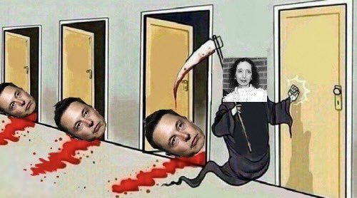 Grim reaper knocking on doors meme featuring Joyce Carol Oates and three dead Elon Musks.