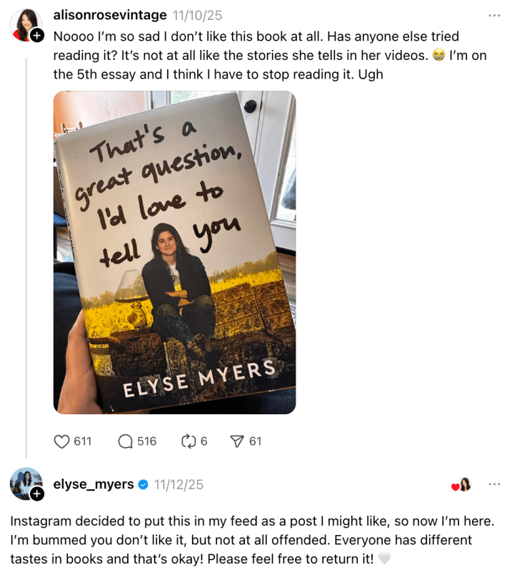 Instagram decided to put this in my feed as a post I might like, so now I’m here. I’m bummed you don’t like it, but not at all offended. Everyone has different tastes in books and that’s okay! Please feel free to return it!