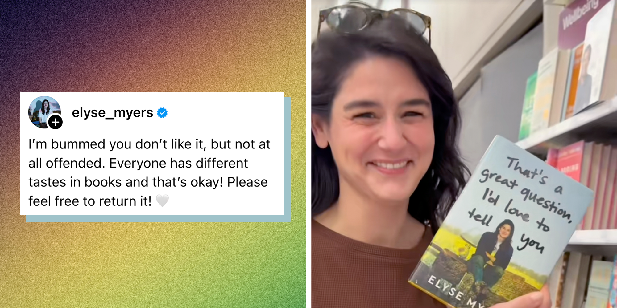 elyse myers posing with her book next to her threads response to negative review