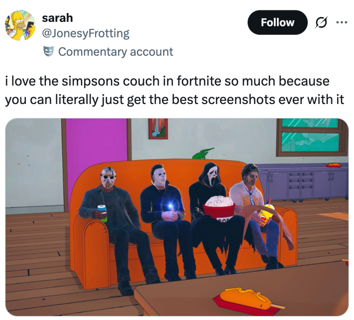 i love the simpsons couch in fortnite so much because you can literally just get the best screenshots ever with it
