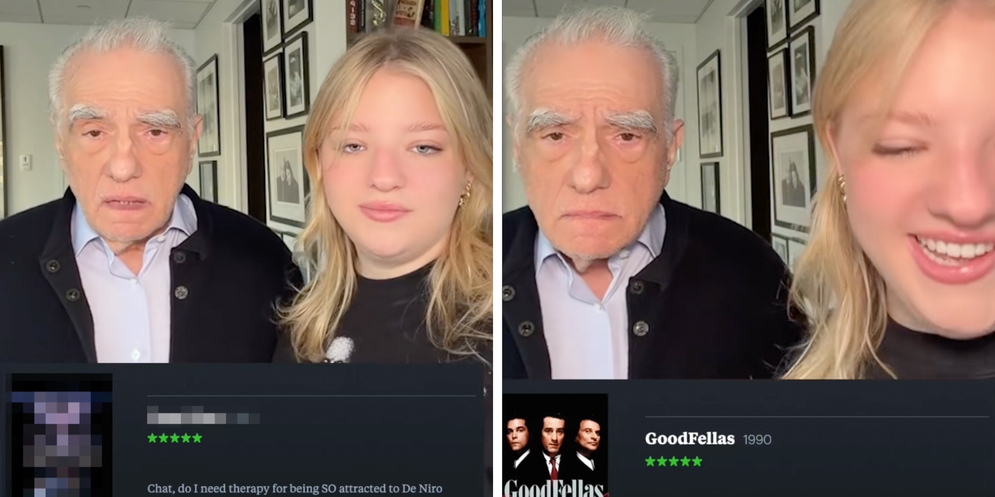 Film director Martin Scorsese next to his daughter Francesca Scorsese guessing Letterboxd comments on his films.