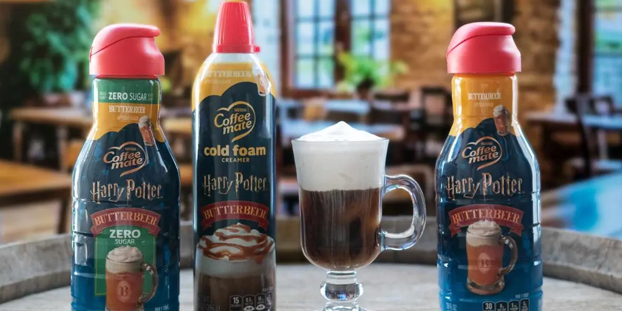 Coffee Mate Harry Potter–inspired products, including Butterbeer-flavored creamer, zero-sugar creamer, and Butterbeer-flavored cold foam.