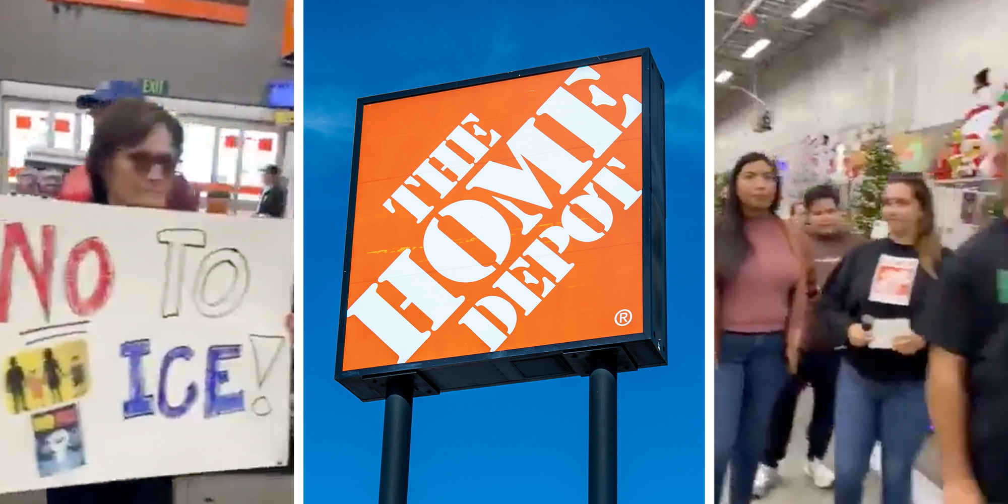 3 panel: Left and Right: Protestors at a Home Depot store staging an "ICE scraper" buy-in. Middle: Close up of Home Depot logo sign with the blue sky background.